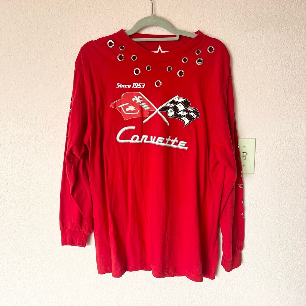 Y2K 2000s red corvette sporty racing long sleeve top with grommet details